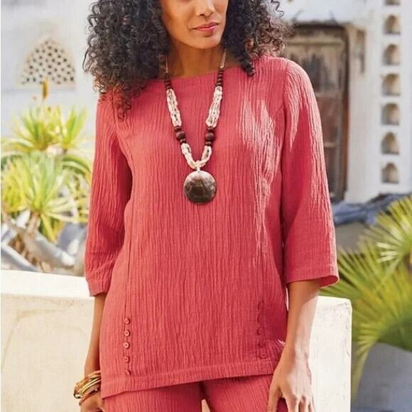 Soft Surroundings Oceo Crinkle Gauze Tunic Top Size Large 3/4 Sleeve Beachy Boho - Picture 1 of 7